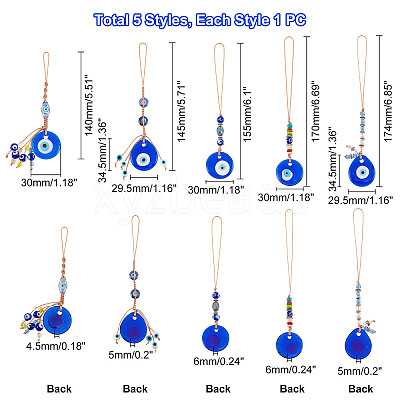 5Pcs 5 Style Handmade Glass Evil Eye Pendant Decorations HJEW-PH0001-47-1