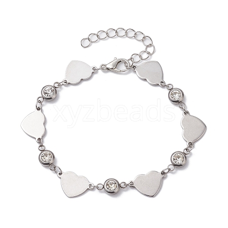 Stainless Steel Heart Link Chain Bracelet with Cubic Zirconia BJEW-JB10170-1