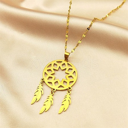 Woven Net/Web with Feather 304 Stainless Steel Pendant Necklaces for Women NJEW-G087-06G-1