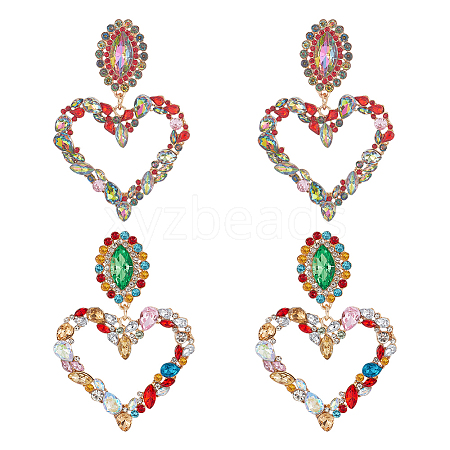 FIBLOOM 2 Pairs 2 Colors Rhinestone Hollow Out Heart Dangle Stud Earrings EJEW-FI0001-13-1