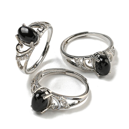 Oval Natural Dyed & Heated Black Agate Adjustable Rings RJEW-Q818-01P-06B-1