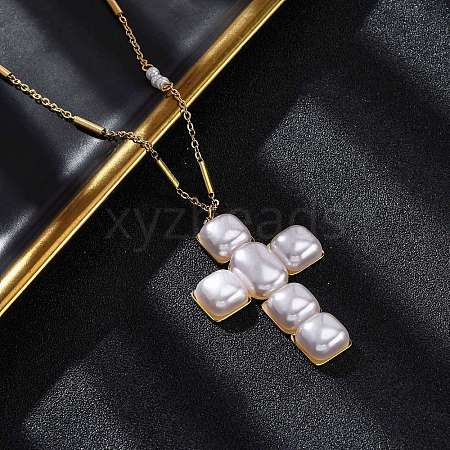 Cross 304 Stainless Steel & Plastic Pearl Pendant Necklaces for Women NJEW-U032-12G-1