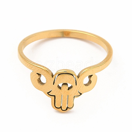 304 Stainless Steel Hollow Out Hamsa Hand Finger Ring for Women RJEW-K239-12G-1