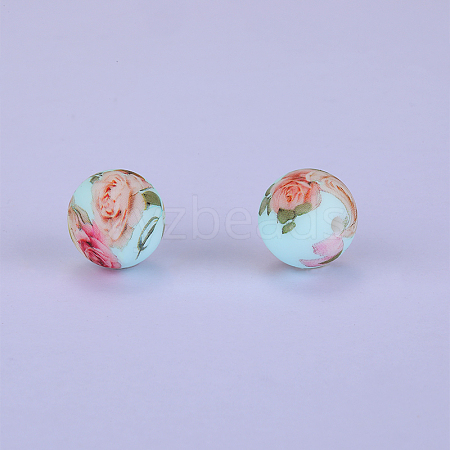 Printed Round with Flower Pattern Silicone Focal Beads SI-JX0056A-156-1