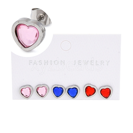 3 Pairs 3 Colors 304 Stainless Steel Heart Stud Earrings for Women EJEW-K279-07P-02-1