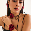 Rose Faux Suede with Satin Fabric Pendant Choker Necklace & Stud Earring & Bracelet FS-WG3A334-01-1