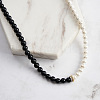 Natural Black Obsidian & Shell Pearl Round Beaded Necklaces NJEW-L125-006G-5