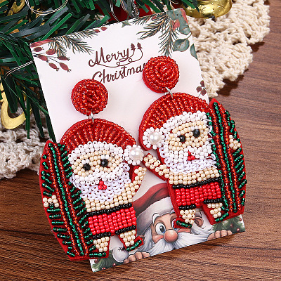 Christmas Plastic Seed Beads & Cloth Dangle Stud Earrings FS-WG8935B-01-1