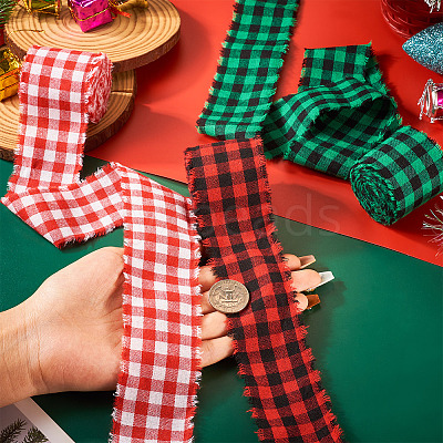 3 Rolls 3 Colors Tartan Cotton Linen Frayed Ribbon OCOR-TAC0035-11A-1