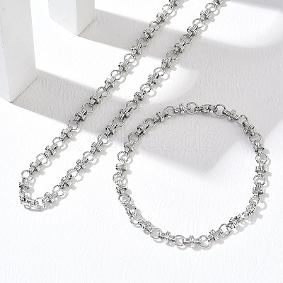 304 Stainless Steel Bar & Ring Link Chain Necklaces &  Bracelets Sets SJEW-D091-10P-1