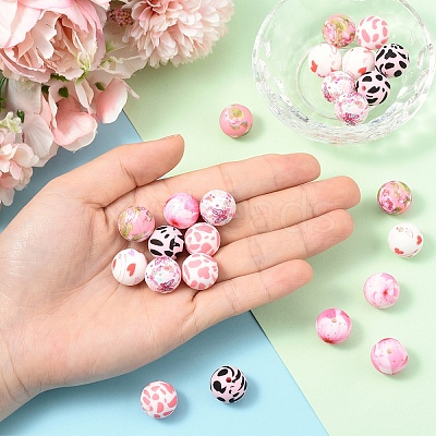 24Pcs 6 Styles Printed Round Silicone Focal Beads SIL-YW0001-76A-1