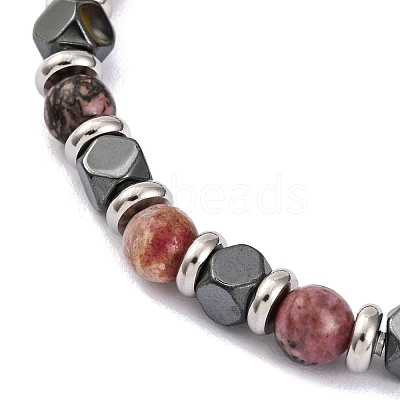 Natural Rhodochrosite & Magnetic Synthetic Hematite Round Beaded Bracelet X-BJEW-P339-02P-09-1