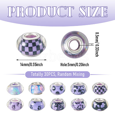 30Pcs Printed Transparent Resin European Beads RESI-TADJ0001-03E-1
