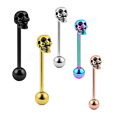 Skull 304 Stainless Steel Straight Barbell 15 Gauge Piercing Tongue Rings for Women Men FS-WG07D05-02-1