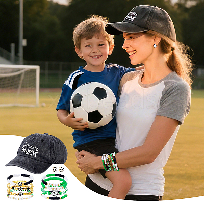 Polymer Clay & Brass Acrylic Beaded Stretch Bracelets & Football Alloy Enamel Stud Earrings & Polyester Baseball Cap BJEW-PH02021-1