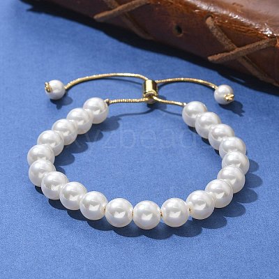 Shell Pearl Beaded Slider Bracelet with Brass Snake Chain BJEW-B066-01B-02-1