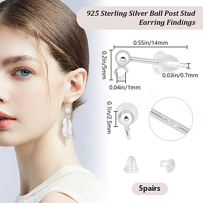 5 Pairs 925 Sterling Silver Round Ball Stud Earring Findings STER-BBC0006-26B-1