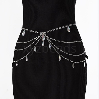 Gothic Style Alloy & Clear Glass Teardrop Tassel Multilayer Waist Belly Chains for Women FS-WGFFABC-01-1