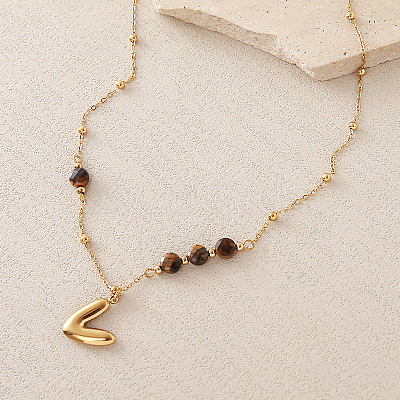 European Faceted Natural Tiger Eye 304 Stainless Steel Alphabet Pendant Necklaces QN9691-22-1