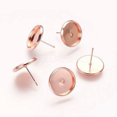 Flat Round Brass Stud Earrings Settings X-KK-E589-14mm-RG-NR-1