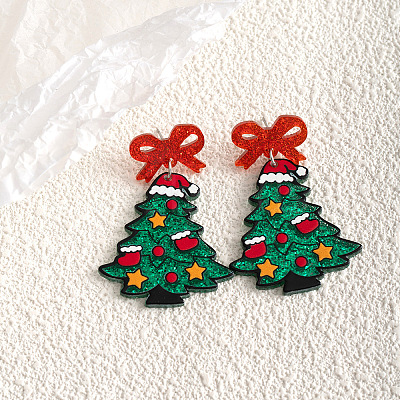 Christmas Tree with Bowknot Acrylic Dangle Stud Earrings FS-WGFA79E-01-1