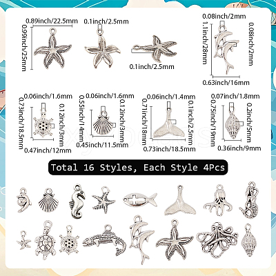 64Pcs 16 Style Ocean Tibetan Style Alloy Pendants FIND-SC0016-65-1