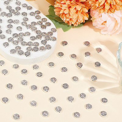 100Pcs Tibetan Style Alloy Flat Round Beads TIBEB-HY0001-08-1