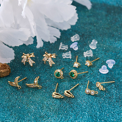 12Pcs 6 Style Brass Micro Pave Cubic Zirconia Stud Earring Findings KK-FW0001-10-1