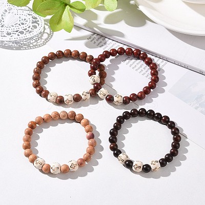 4Pcs Cross Pattern Wood Beads Stretch Bracelets Set for Women Men BJEW-JB08931-1