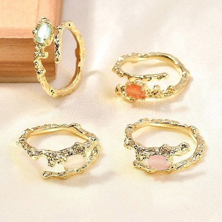 Oval Brass Cat Eye Cuff Rings for Women RJEW-U042-01G-1