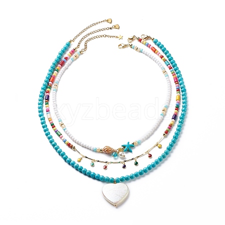 3Pcs 3Pcs Shell Pearl & Acrylic Heart & Enamel Pendant Necklaces Set NJEW-JN04038-1