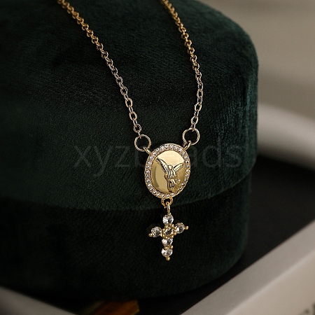 Brass Clear Cubic Zirconia Cross Rosary Bead Necklaces PW-WG7E954-02-1