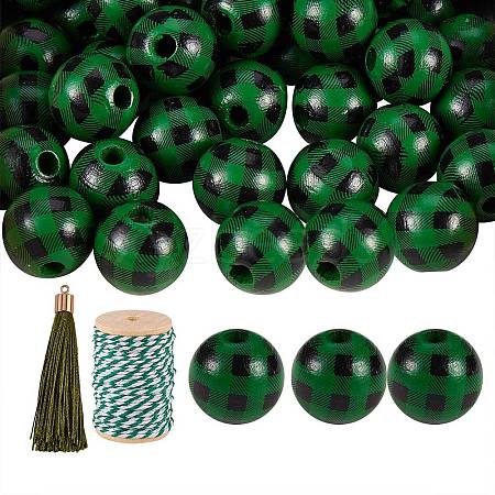 50Pcs Natural Wooden Beads with Tartan Pattern DIY-SZ0003-11B-1