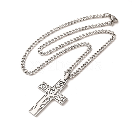 304 Stainless Steel Cross with Tree of Life Pendant Necklaces NJEW-M197-02P-1