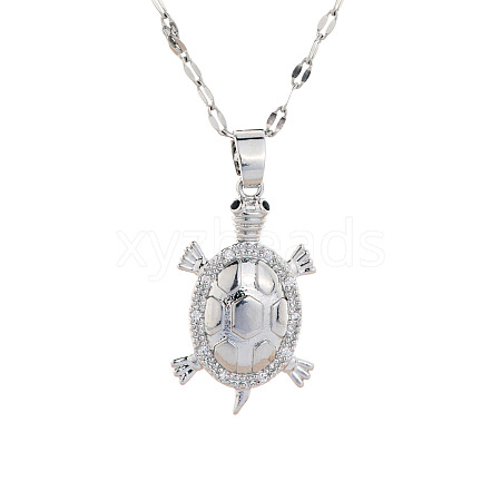 Brass Clear Cubic Zirconia Shiny Tortoise Pendant Dapped Chain Necklaces for Women NW3403-2-1