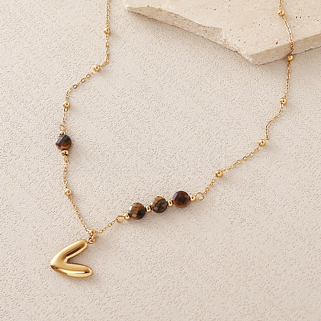 European Faceted Natural Tiger Eye 304 Stainless Steel Alphabet Pendant Necklaces QN9691-22-1