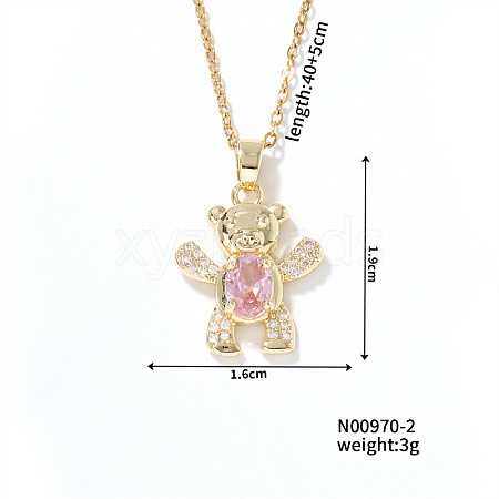Brass Light Rosaline AB Rhinestone Cute Bear Pendant Necklaces for Women ME0336-2-1