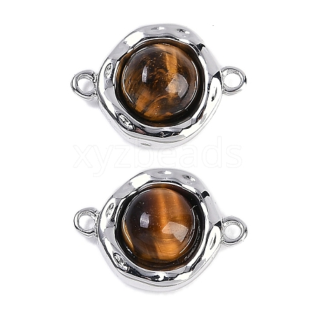 Brass Pave Natural Tiger Eye Flat Round Links Connector Charms KK-U043-45P-D-1