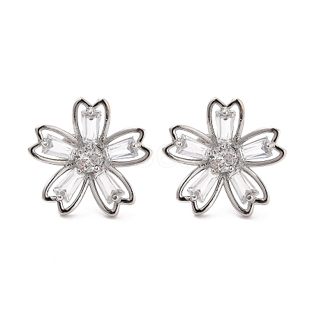 Rack Plating Flower Brass Micro Pave Clear Cubic Zirconia Stud Earrings EJEW-M029-01B-P-1