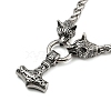 304 Stainless Steel Wolf Head King Wheat Chain Viking Mjolnir Thor Hammer Pendant Necklaces for Men NJEW-K278-05AS-4