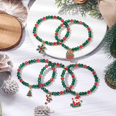 5Pcs Christmas Theme Glass Beaded Stretch Bracelets BJEW-JB11184-1