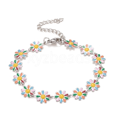 Enamel Daisy Link Chains Bracelet BJEW-P271-01P-02-1