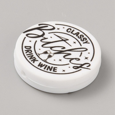 Flat Round with Word Food Grade Eco-Friendly Printed Silicone Focal Beads SIL-SZC0008-07C-1