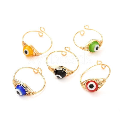 Copper Wire Wrapped Handmade Lampwork Adjustable Rings for Women or Men RJEW-JR00389-1