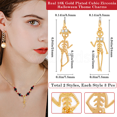6Pcs 2 Styles Halloween Brass Micro Pave Cubic Zirconia Pendants ZIRC-BBC0002-76-1
