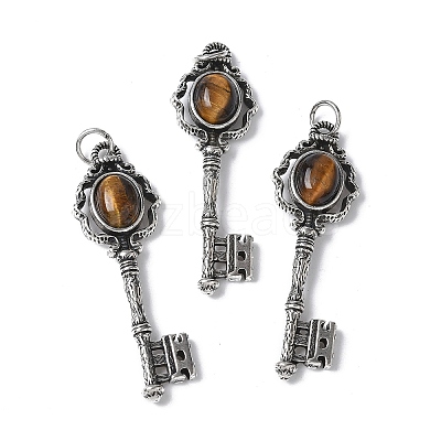 Key Brass Natural Tiger Eye Big Pendants KK-D361-01AS-18-1