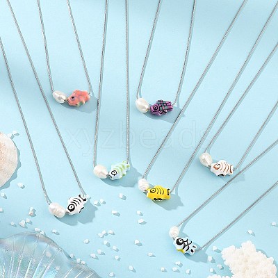 Handmade Porcelain Fish & Natural Cultured Freshwater Pearl Pendant 304 Stainless Steel Round Snake Chain Necklaces for Women NJEW-JN06398-1