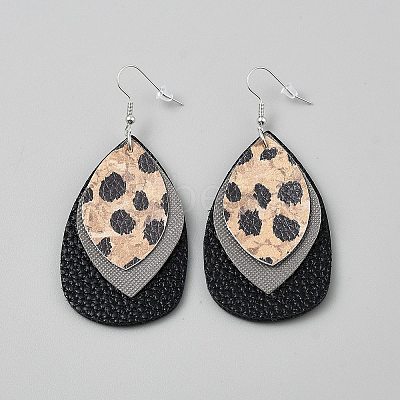 Leather Leopard Print Teardrop Dangle Earrings EJEW-WH0817-005A-1