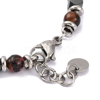Natural Rhodochrosite & Synthetic Hematite Round Beaded Bracelet BJEW-P339-02P-09-1