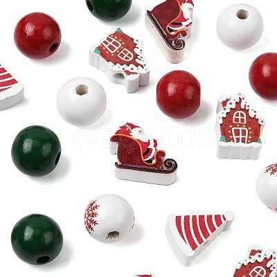 50Pcs 7 Styles Christmas Painted Wood Beads Set WOOD-FS0002-44-1